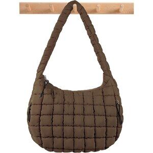 Brown Quilted Puffer Tote Bag Medium Nylon Crossbody Travel Handbag